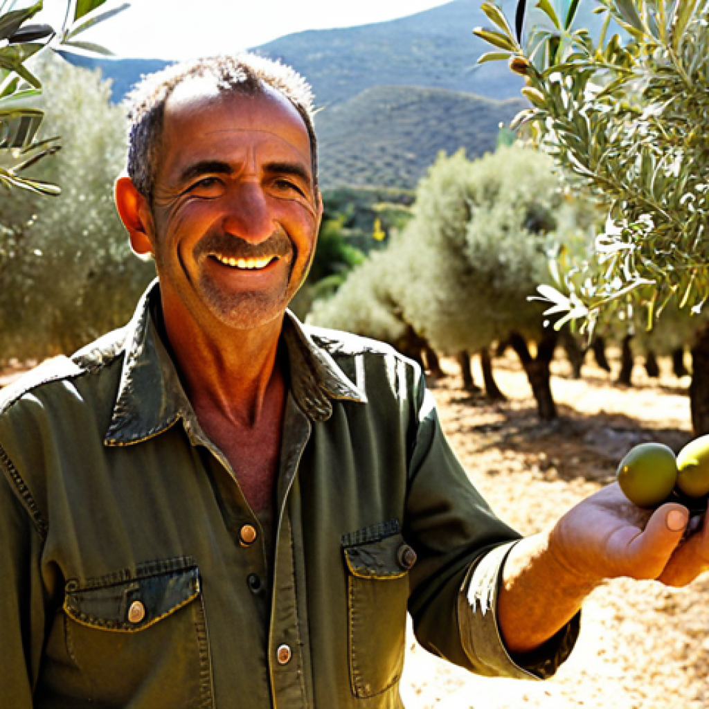 A passionate, middle-aged Spanish organic olive farmer standing proudly in a sun-drenched, meticulously maintained olive grove in rural Andalusia. The trees are vibrant and healthy, reflecting sustainable practices. The farmer has a warm, authentic smile, perhaps holding a handful of organic olives or gently touching a branch. The background features rolling hills typical of the region, conveying a sense of tradition meeting modern, eco-conscious farming. The lighting is golden and inviting, emphasizing the quality and natural beauty of the scene.