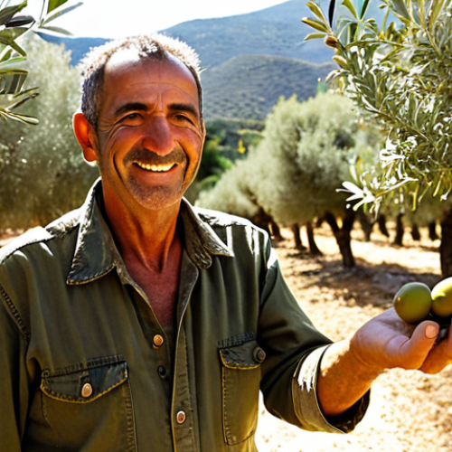 Home 22 A passionate, middle-aged Spanish organic olive farmer standing proudly in a sun-drenched, meticulously maintained olive grove in rural Andalusia. The trees are vibrant and healthy, reflecting sustainable practices. The farmer has a warm, authentic smile, perhaps holding a handful of organic olives or gently touching a branch. The background features rolling hills typical of the region, conveying a sense of tradition meeting modern, eco-conscious farming. The lighting is golden and inviting, emphasizing the quality and natural beauty of the scene.