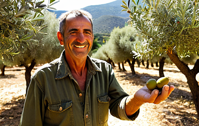 A passionate, middle-aged Spanish organic olive farmer standing proudly in a sun-drenched, meticulously maintained olive grove in rural Andalusia. The trees are vibrant and healthy, reflecting sustainable practices. The farmer has a warm, authentic smile, perhaps holding a handful of organic olives or gently touching a branch. The background features rolling hills typical of the region, conveying a sense of tradition meeting modern, eco-conscious farming. The lighting is golden and inviting, emphasizing the quality and natural beauty of the scene.