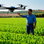 A professional and experienced Spanish farmer, fully clothed in modest, practical work attire, stands confidently in a vibrant, sun-drenched organic field. One hand gently touches healthy, green crops, symbolizing a connection to traditional farming. In the background, a modern agricultural drone hovers discreetly, representing innovation. The scene emphasizes the fusion of technology and ancestral knowledge. Warm, natural lighting, professional photography, high quality, perfect anatomy, correct proportions, natural pose, well-formed hands, proper finger count, natural body proportions, safe for work, appropriate content, fully clothed, professional, family-friendly.