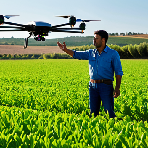 Home 21 A professional and experienced Spanish farmer, fully clothed in modest, practical work attire, stands confidently in a vibrant, sun-drenched organic field. One hand gently touches healthy, green crops, symbolizing a connection to traditional farming. In the background, a modern agricultural drone hovers discreetly, representing innovation. The scene emphasizes the fusion of technology and ancestral knowledge. Warm, natural lighting, professional photography, high quality, perfect anatomy, correct proportions, natural pose, well-formed hands, proper finger count, natural body proportions, safe for work, appropriate content, fully clothed, professional, family-friendly.