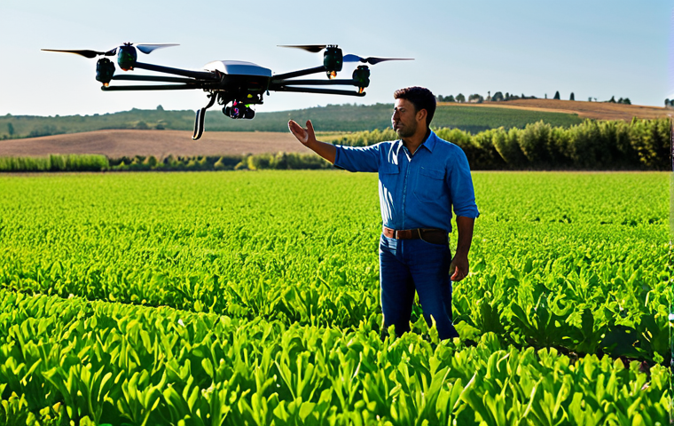 A professional and experienced Spanish farmer, fully clothed in modest, practical work attire, stands confidently in a vibrant, sun-drenched organic field. One hand gently touches healthy, green crops, symbolizing a connection to traditional farming. In the background, a modern agricultural drone hovers discreetly, representing innovation. The scene emphasizes the fusion of technology and ancestral knowledge. Warm, natural lighting, professional photography, high quality, perfect anatomy, correct proportions, natural pose, well-formed hands, proper finger count, natural body proportions, safe for work, appropriate content, fully clothed, professional, family-friendly.