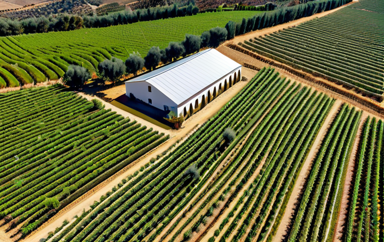 Modern Ecological Farm with Drone**

"A vibrant aerial view of an ecological olive grove in Andalusia, Spain. A drone is hovering above, monitoring the health of the olive trees. The farm utilizes smart irrigation systems, visible as drip lines. In the background, rolling hills and a traditional Spanish farmhouse. Perfect anatomy, correct proportions, natural pose, high resolution, professional photography, safe for work, appropriate content, fully clothed, family-friendly, depicts sustainable agriculture practices in Spain."

**