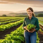 유기농업관리사 자격증 필수 준비물 - A serene and dedicated organic farmer, a woman in her late 40s, stands in a vast, vibrant green fiel...