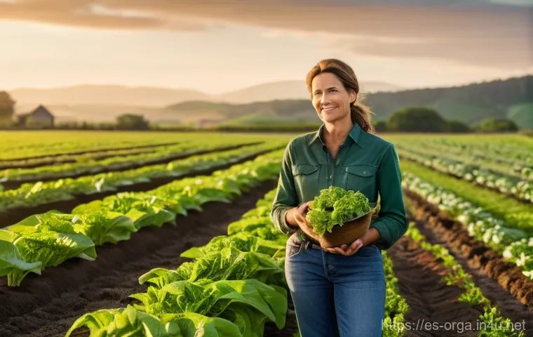 유기농업관리사 자격증 필수 준비물 - A serene and dedicated organic farmer, a woman in her late 40s, stands in a vast, vibrant green fiel...