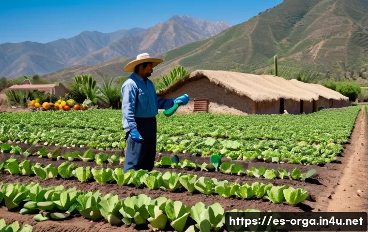 유기농업관리사 자격증의 전망 - A vibrant organic farm scene in a sunny rural Mexican landscape, showing a certified organic farm ma...