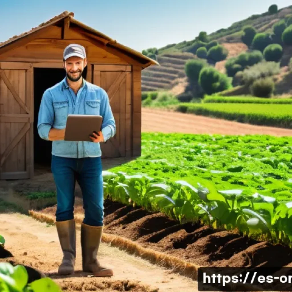 유기농업관리사 업무일지 작성법 - A detailed, rustic eco-friendly farm scene showing an organic farmer wearing casual work clothes and...