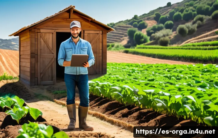 유기농업관리사 업무일지 작성법 - A detailed, rustic eco-friendly farm scene showing an organic farmer wearing casual work clothes and...