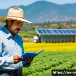 유기농업관리사와 국내 유기농 인증 제도 - A vibrant organic farm in a sunny rural Mexican landscape, showing a skilled farm manager inspecting...