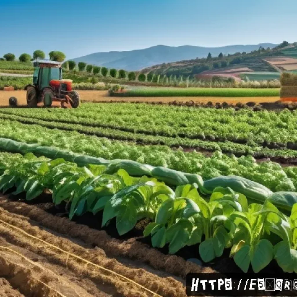 유기농업관리사 필수 시험자료 다운로드 - A vibrant organic farm scene in Spain showing a diverse crop rotation field with colorful rows of ve...