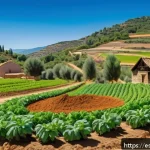 Home 17 유기농업관리사 취득 후 해외 농업 지원 - A vibrant organic farm scene in a rural Spanish village, showcasing diverse sustainable agricultural...
