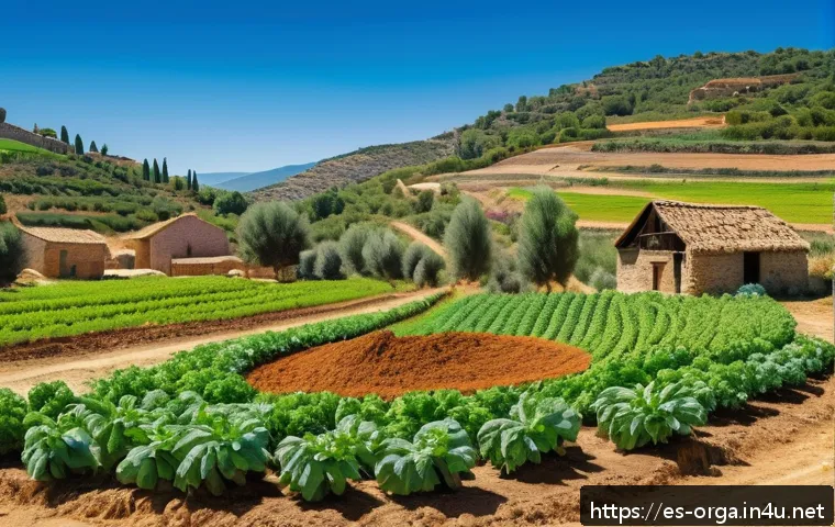 유기농업관리사 취득 후 해외 농업 지원 - A vibrant organic farm scene in a rural Spanish village, showcasing diverse sustainable agricultural...
