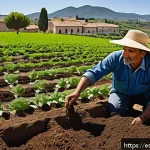 Home 22 유기농업관리사 업무 중 발생한 문제 해결 - A vibrant organic farm scene in a sunny rural Spanish landscape, showcasing rich, dark soil teeming ...