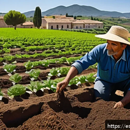 Home 16 유기농업관리사 업무 중 발생한 문제 해결 - A vibrant organic farm scene in a sunny rural Spanish landscape, showcasing rich, dark soil teeming ...
