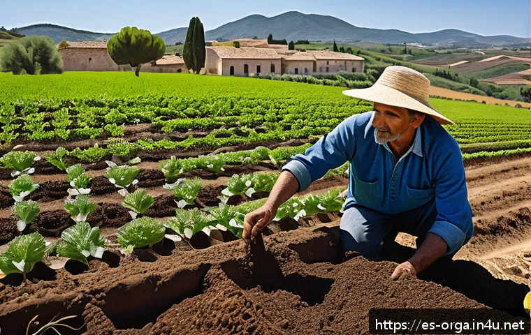 유기농업관리사 업무 중 발생한 문제 해결 - A vibrant organic farm scene in a sunny rural Spanish landscape, showcasing rich, dark soil teeming ...