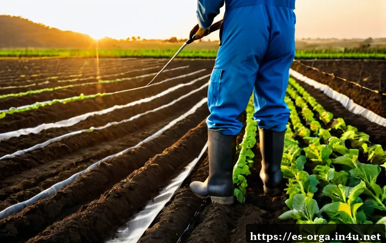Home 17 유기농업관리사 현업에서 필요한 기술 - Photorealistic organic farm field in rural Spain, experienced farm manager in practical work clothes...